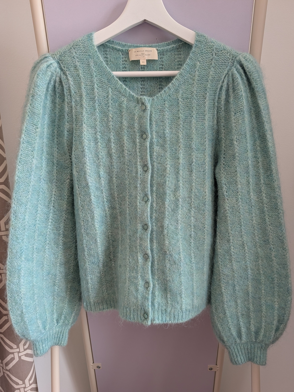 Sézane Seafoam Puff-Sleeve Mohair Blend Cardigan
